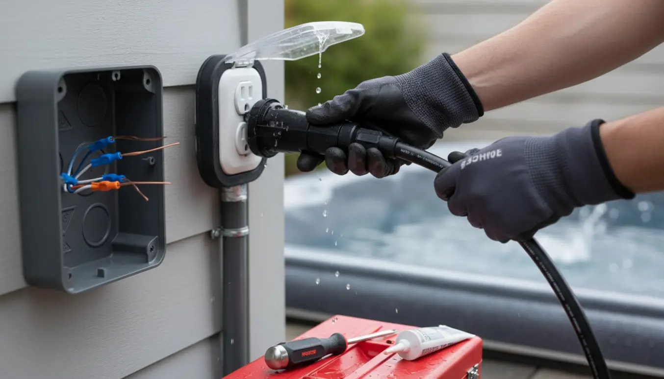 Nærbillede af hands-on installation af vandtæt udendørs stikkontakt til spa i baghaven.