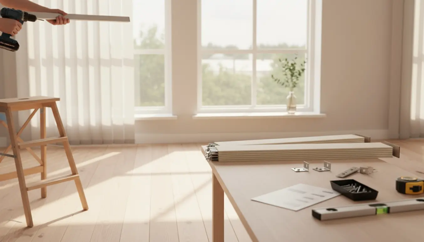 Hænder monterer lamelgardiner over et stort vindue med boremaskine og værktøj.