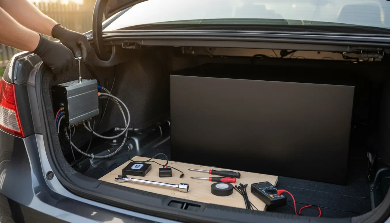 Åbent bagagerum i en sedan med subwoofer (85x35 cm), forstærker, kabler og værktøj under installation.