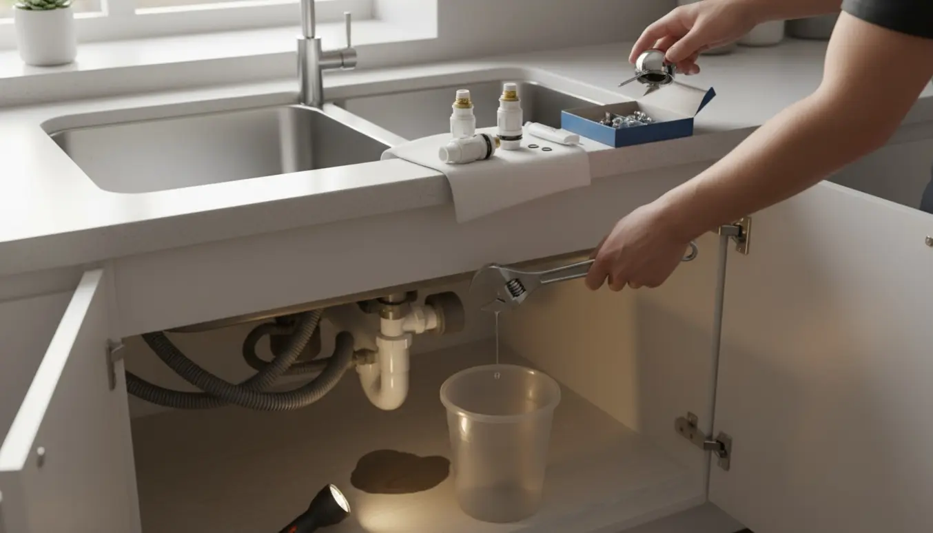 Håndværker skifter keramisk kartouche i køkkenhane og undersøger lækage under vasken.