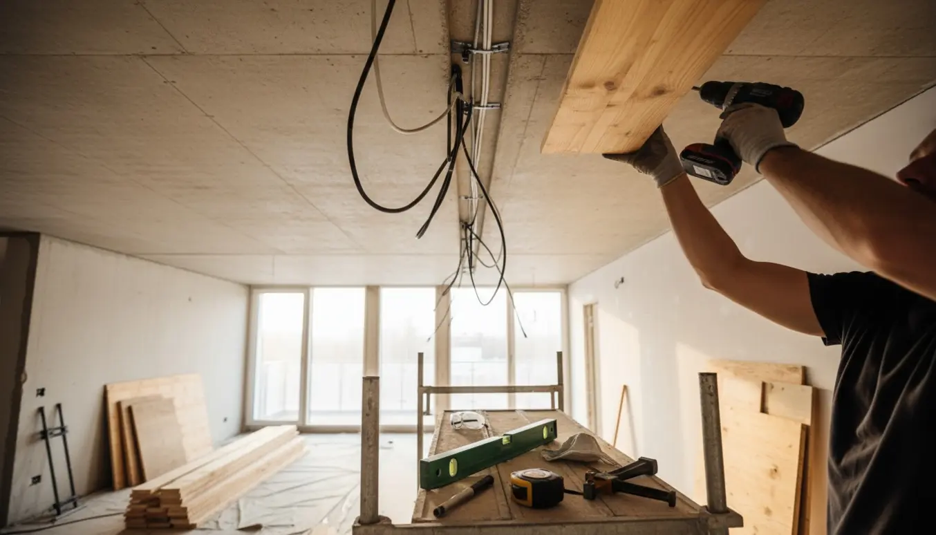 Nærbillede af opstilling af forskallingsbrædder mod et betonloft med synlige elkabler og værktøj i en lys lejlighed.