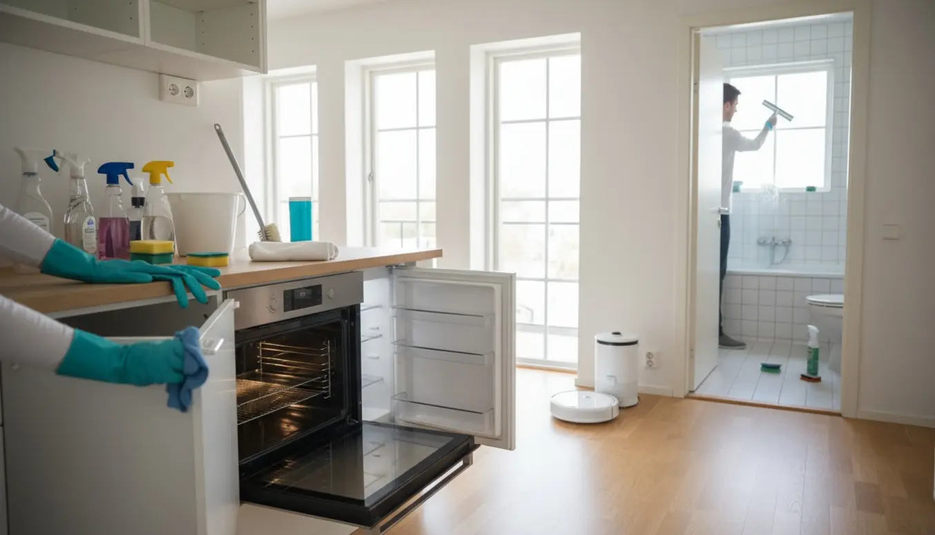 Lyst, moderne køkken og badeværelse under hovedrengøring med handsker, klud, støvsuger og rengjorte skabe og fliser.