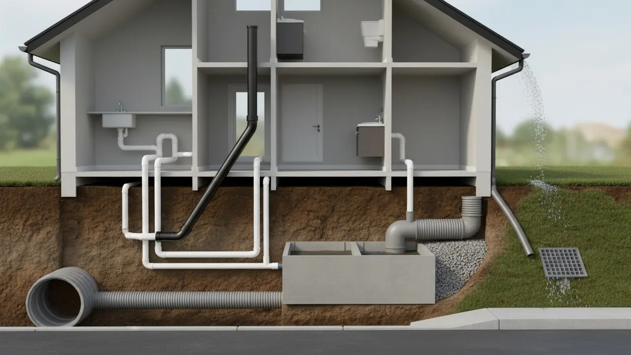 Tværsnit af hus med afløbsrør til kloak, septiktank og regnvandsafledning