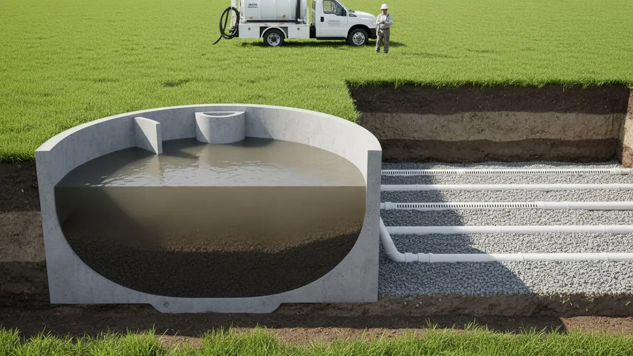 Tværsnit af septiktank med bundfald og nedsivningsrør i jorden