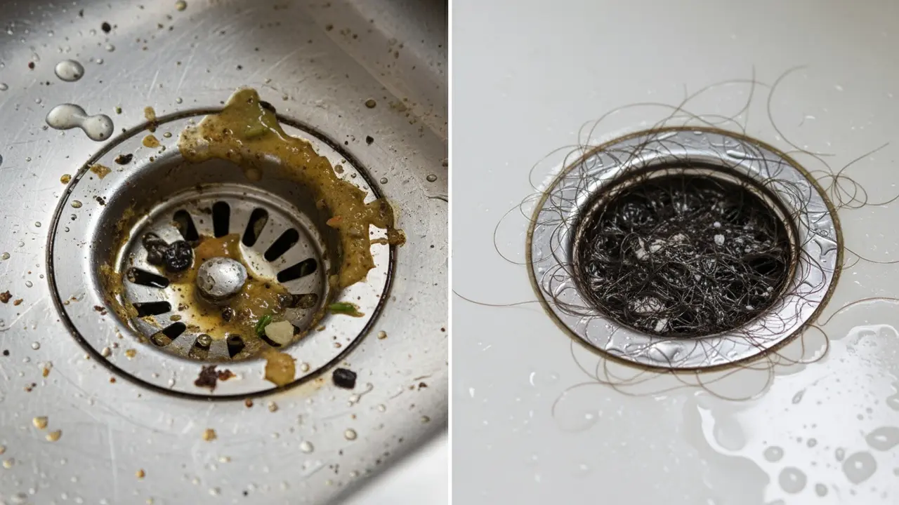 Køkkenafløb med fedt og madrester til venstre, bruseafløb med hår til højre