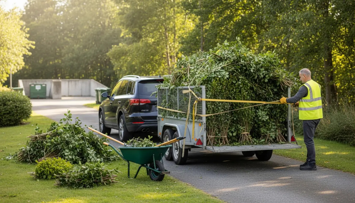 Bil med stor anhænger fyldt med hæk- og træaffald på indkørsel, klar til at blive kørt på genbrugspladsen.