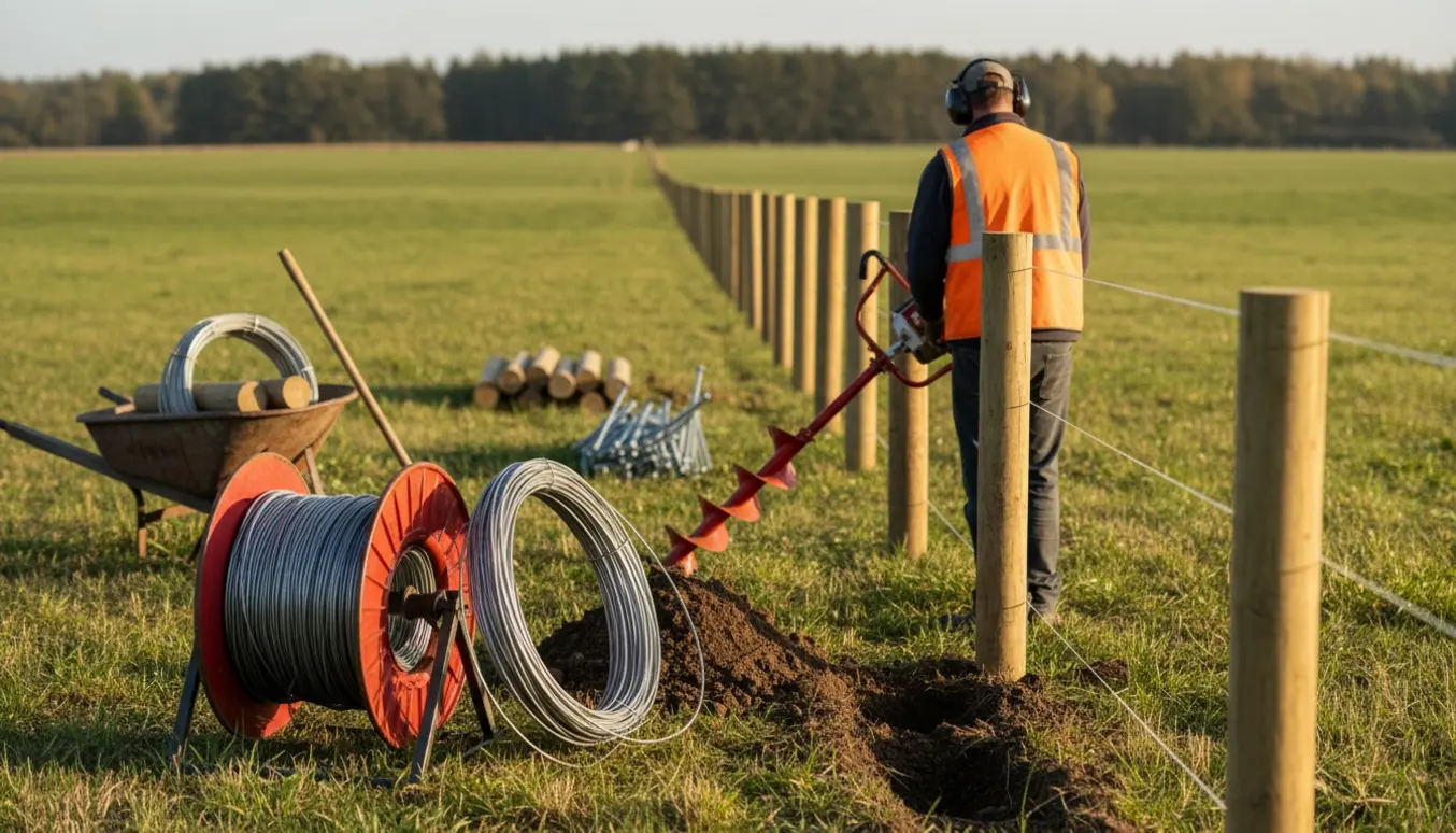 Langt trådhegn opsættes i en mark med pæle, trådrulle og et benzindrevet pælebor; arbejder set bagfra.