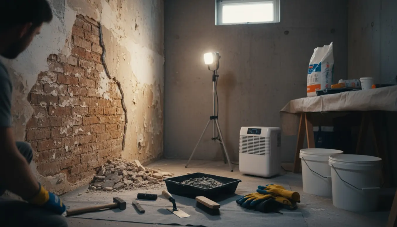 Kælder med fugtskadet væg, afskallet puds og værktøj klar til oppudsning.