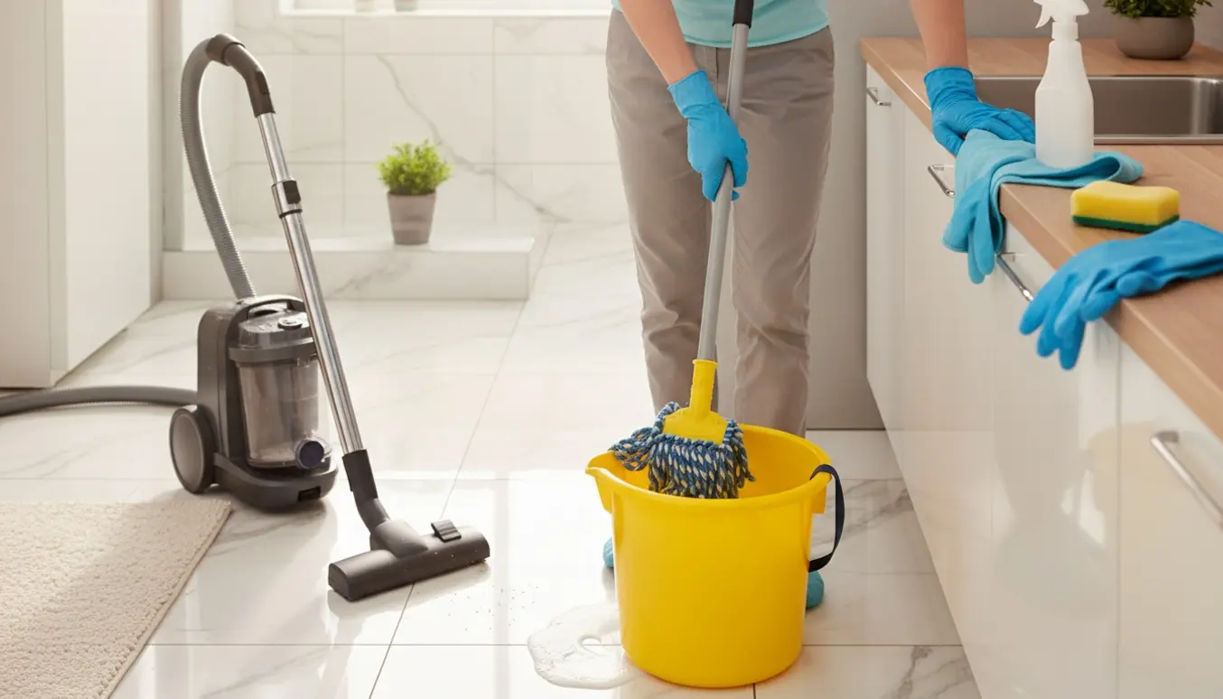 Rengøring i hjemmet: moppende hænder i badeværelset, en støvsuger på tæppet og aftørring af køkkenbordet.
