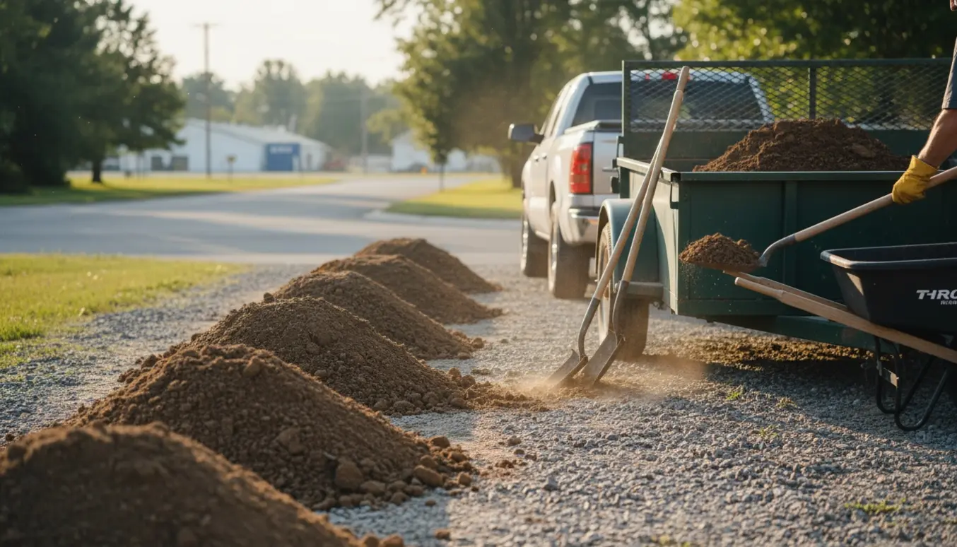 Fem bunker tør jord ved en åben trailer, hvor en handsbeklædt person skovler jord klar til bortkørsel.