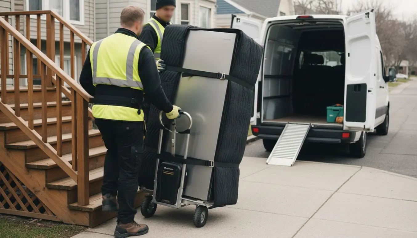 Et stort amerikanerkøleskab pakket i flyttetæpper og spændt på en trappetransportvogn, mens flyttemænd fra bagsiden fører det ned ad trapperne til en varevogn.