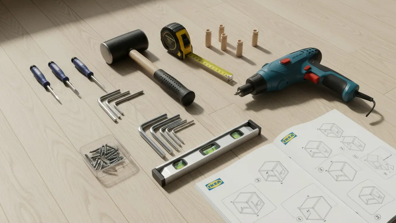 Fladt layout af montageværktøj til IKEA: skruetrækkere, hammer, målebånd, unbrakonøgler og instruktionshæfte.