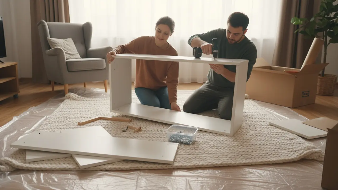 To personer samler en IKEA-reol på et tæppe med hylder, sidepaneler og værktøj i brug.