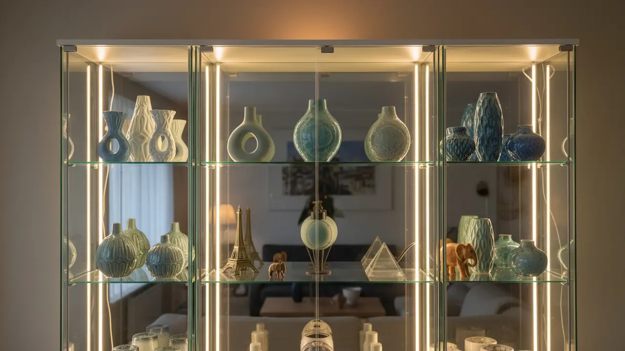 Vitrineskab oplyst med diskrete LED-strips, glasreoler med fremhævede vaser og skjulte kabler.