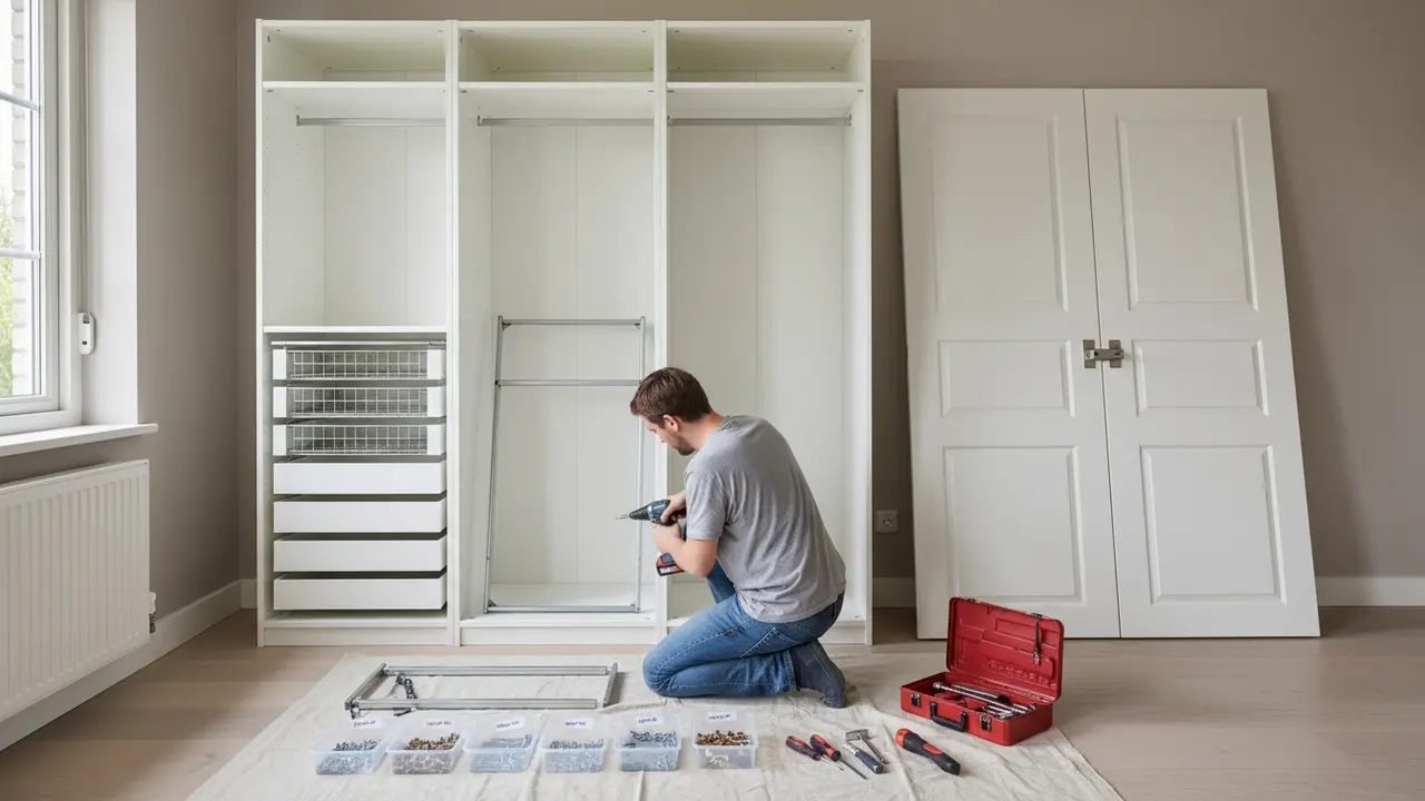 Delvist adskilt PAX-garderobe med fjernede døre, hylder ude og skruer i bakke klar til transport.