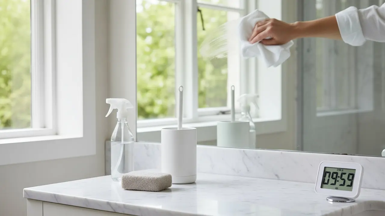 Rengøring af badeværelse med rengøringsspray, svamp og timer sat til 10 minutter