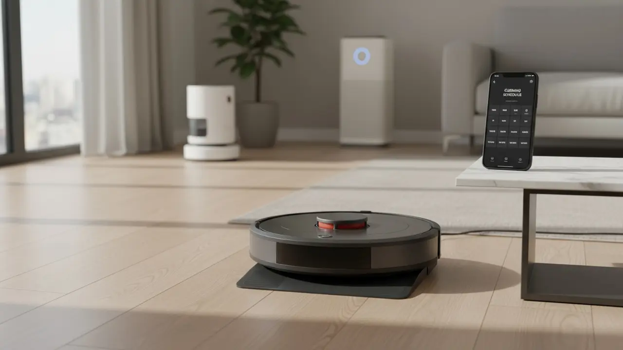 Robotstøvsuger ved dockingstation og smartphone med rengøringsplan i appen