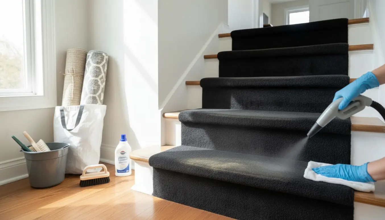 Sort trappetæppe delvist renset med damprenser og to rullede tæpper klar til rensning.