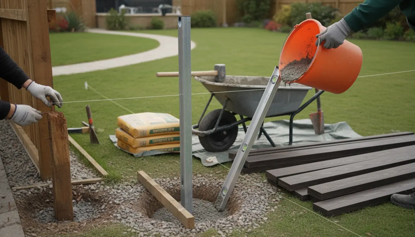 Installation af 30 m komposithegn med galvaniserede stolper støbt i beton, mens et gammelt væltet træhegn fjernes.