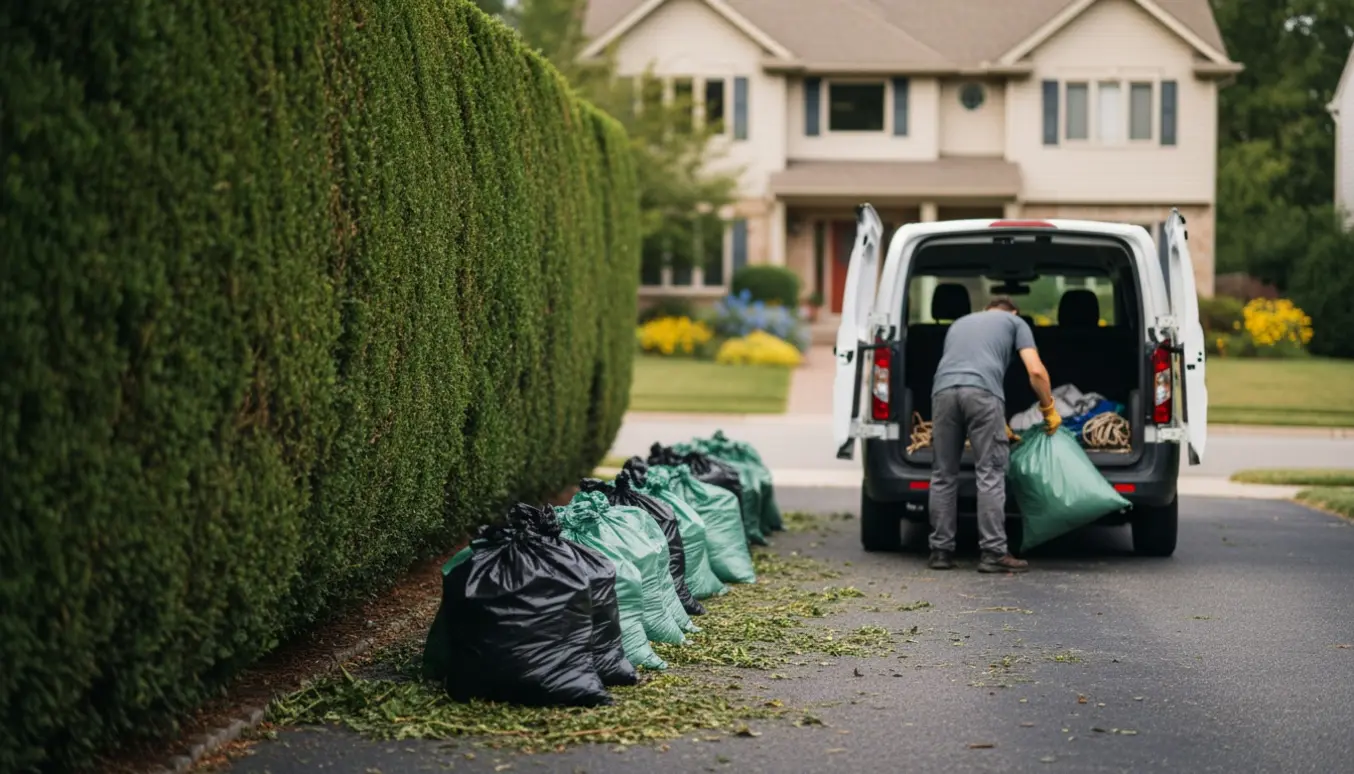 Stak haveaffaldsposer ved indkørsel, en person læsser dem i en varevogn med ansigtet væk.