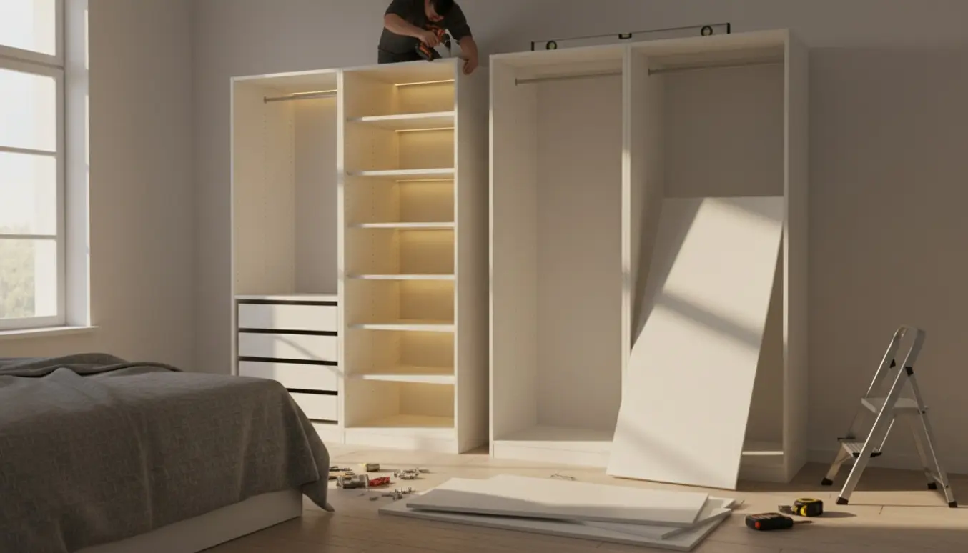 To hvide skabe monteres i et soveværelse med værktøj og varmt LED-lys indeni.