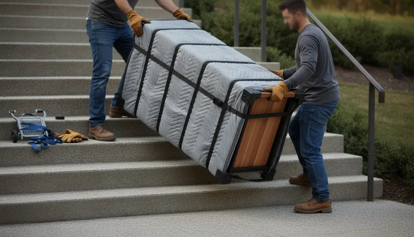 To personer bærer en smal køkkenø ned ad seks brede udendørstrappetrin, pakket ind i flyttetæpper.