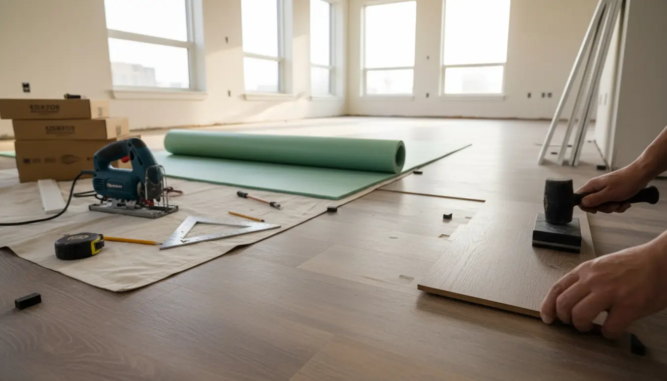 Klikgulv monteres i en lys lejlighed med planker, værktøj og hænder i fokus.