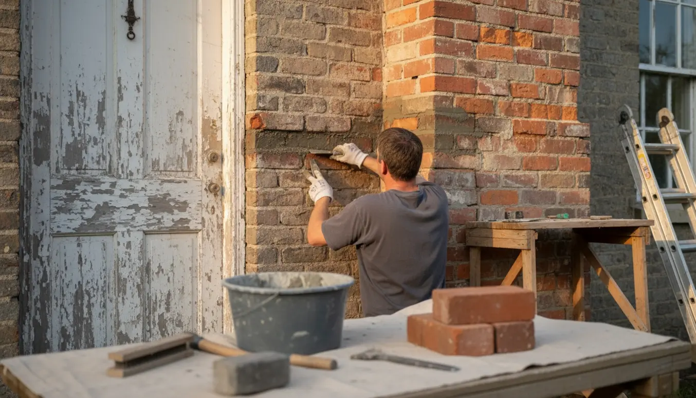 Håndværker påfører frisk mørtel og udskifter mursten omkring en dør og gammel skorsten.