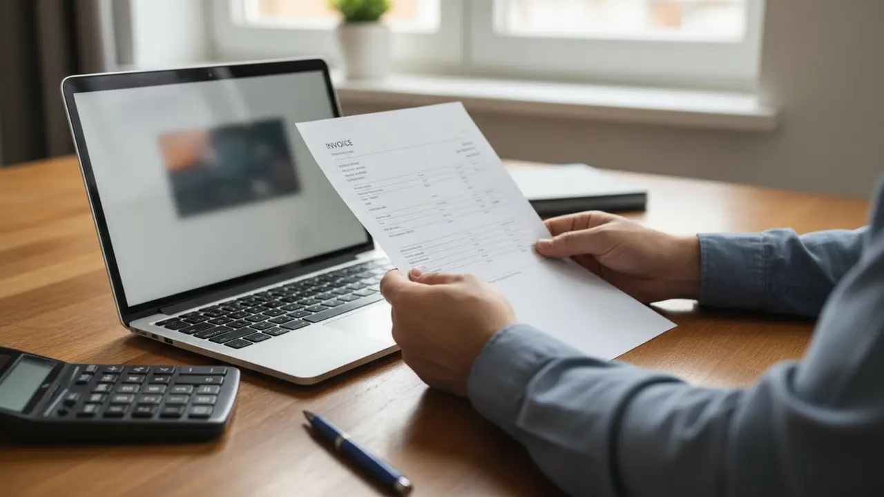Nærbillede af faktura, laptop og lommeregner klar til indberetning af servicefradrag