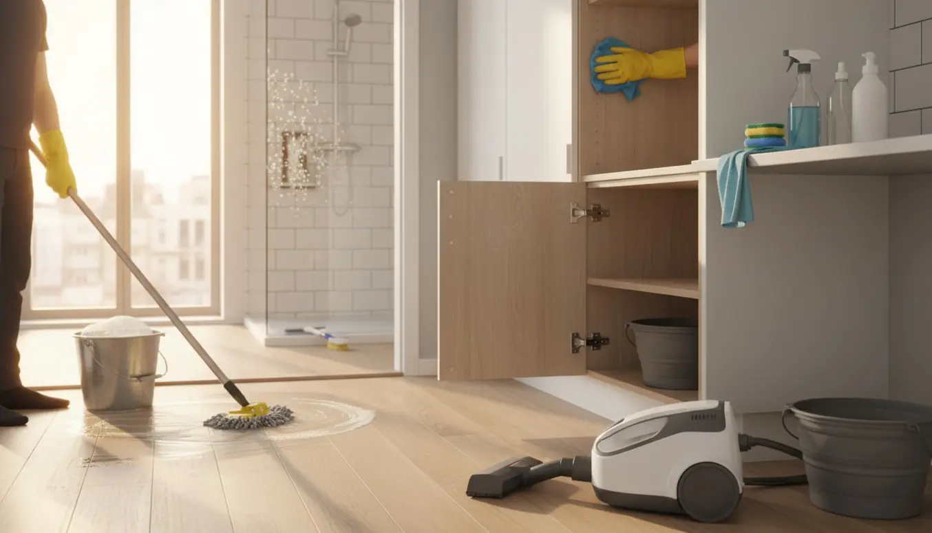 Person vasker gulv og aftørrer skabe i en lys lejebolig, ansigt ikke synligt.