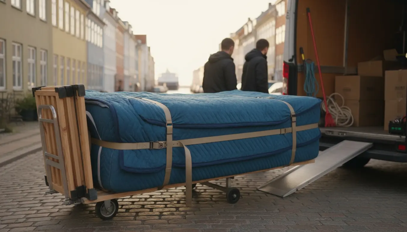 To flyttefolk læsser en indpakket seng på en flyttebil i København klar til transport til Svendborg.