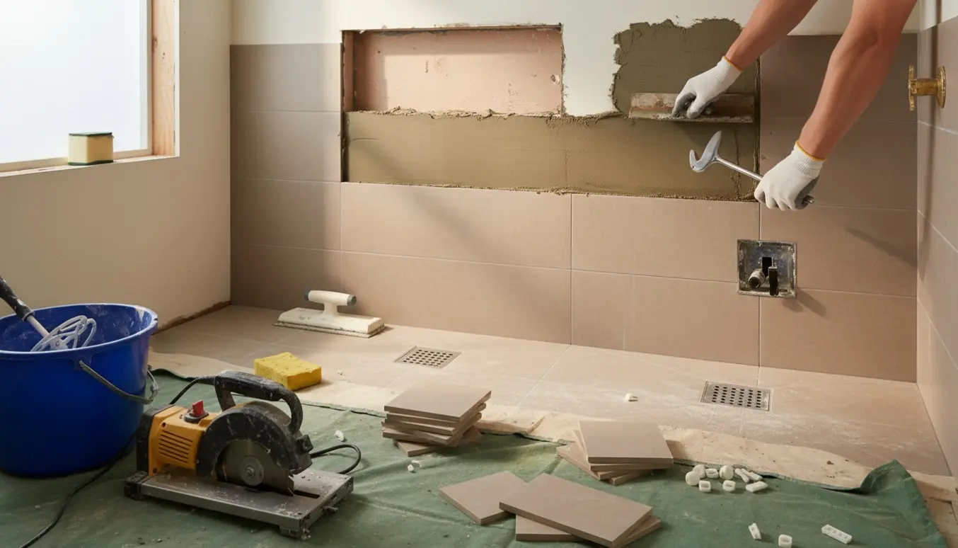 Badeværelse under flisearbejde med nye fliser, værktøj, bruseniche, afløbsriste og toilet.