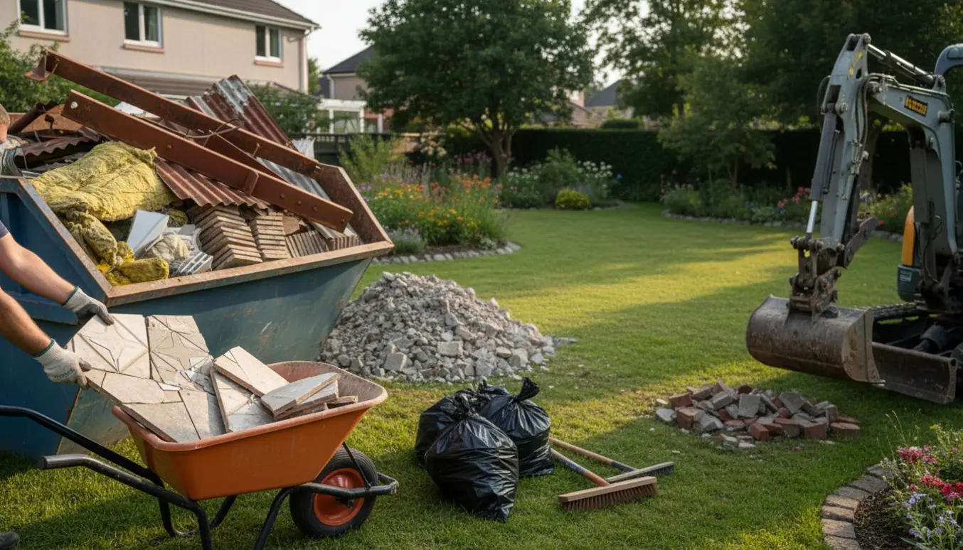 Rydning af byggeaffald i en have med skraldecontainer, murbrokker, fliser og isolering, set uden ansigter.