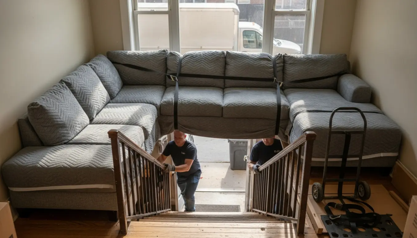En seks-personers sofa med chaiselong bæres ned ad trappen fra en lejlighed, pakket i møbelstæpper og klar til afhentning og bortskaffelse.