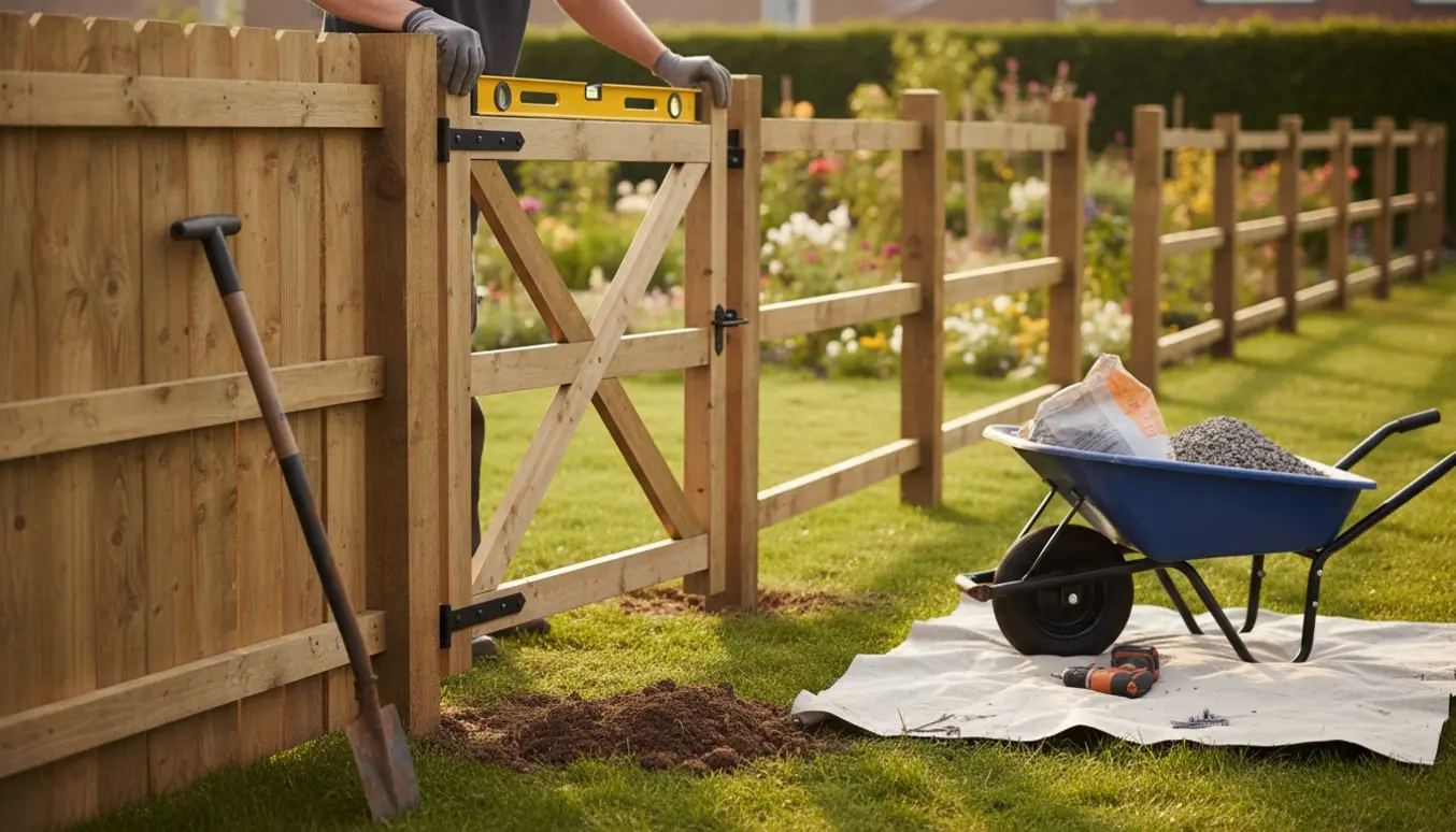 Simpelt træhegn med låge under montering i en have med værktøj og materialer klar.