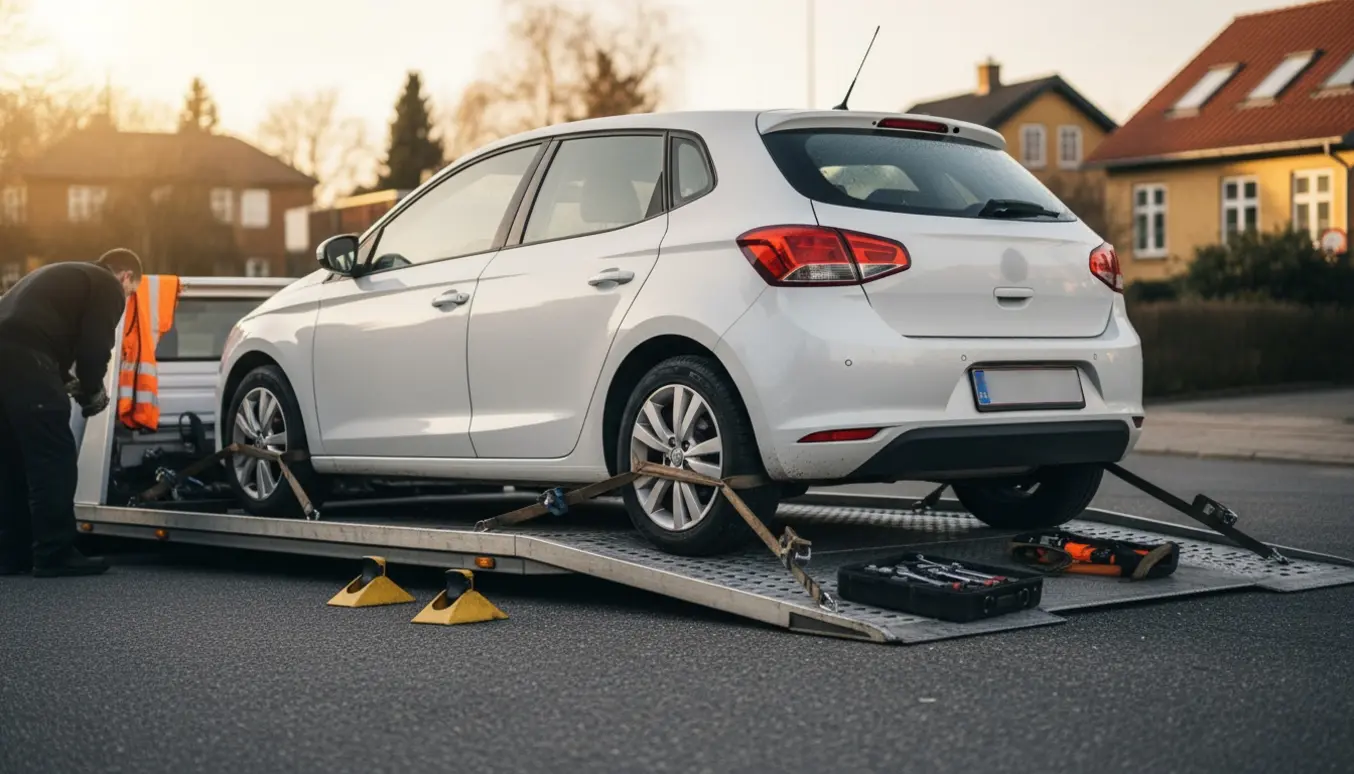 En bil læsses op på en fladvogn på en stille dansk villavej i gyldent lys.