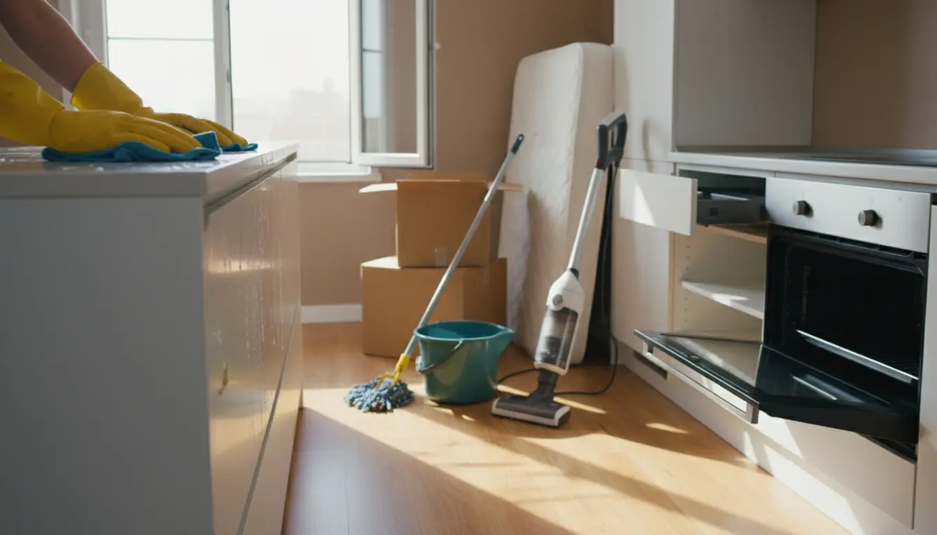 Hænder i gule rengøringshandsker pudser en køkkenbordplade i en lille fraflyttet lejlighed med flyttekasser og rengøringsudstyr.