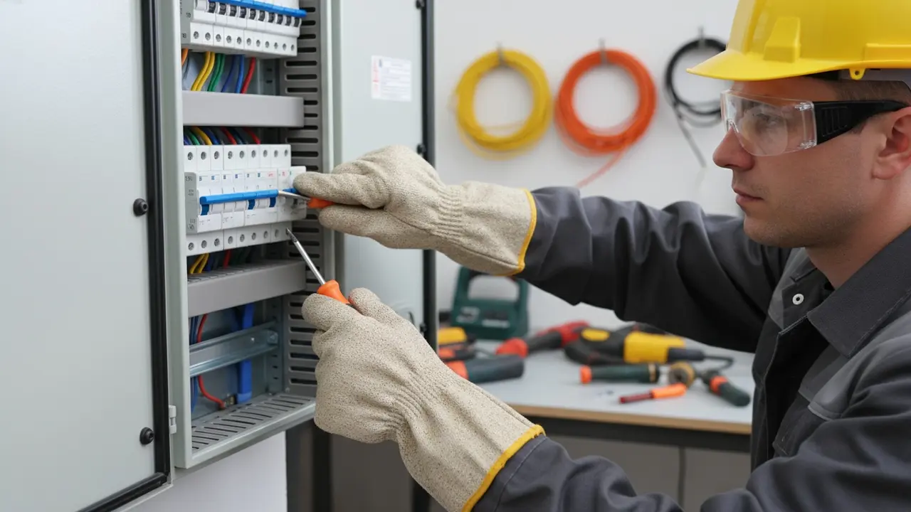 Elektriker i beskyttelsesudstyr slukker for hovedafbryder ved eltavle