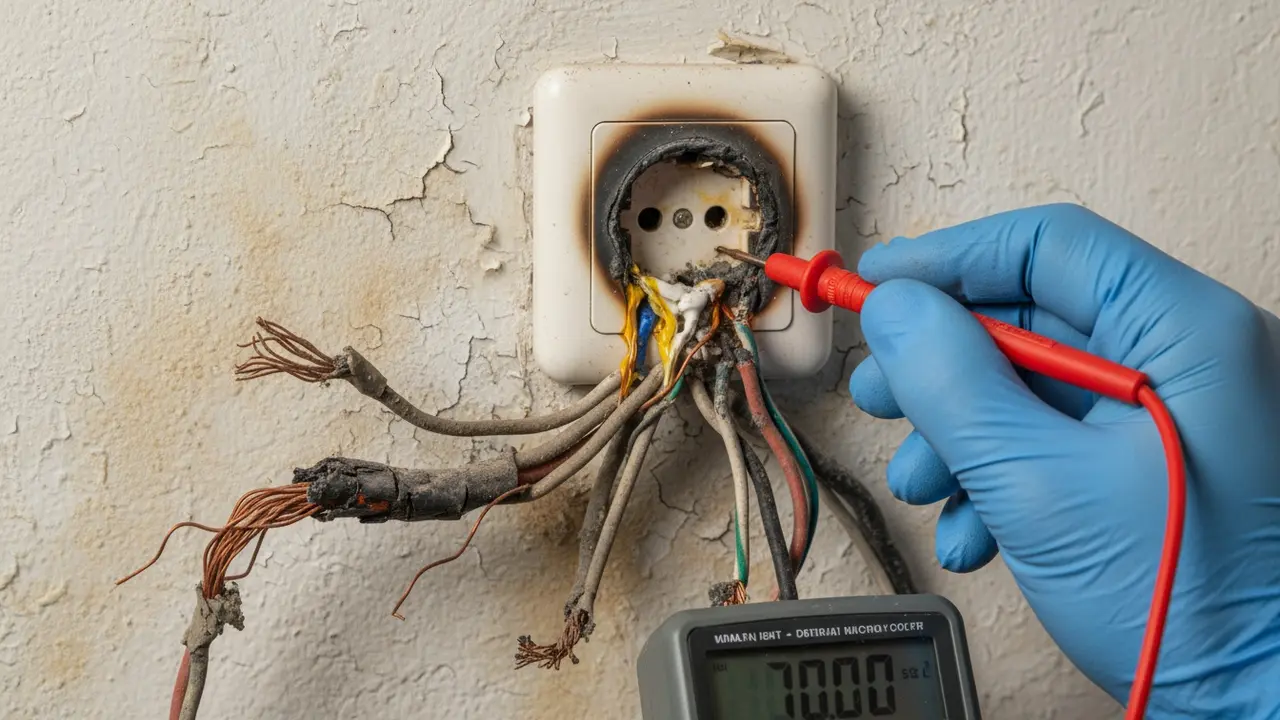 Nærbillede af beskadiget ledning og misfarvet stikkontakt under inspektion