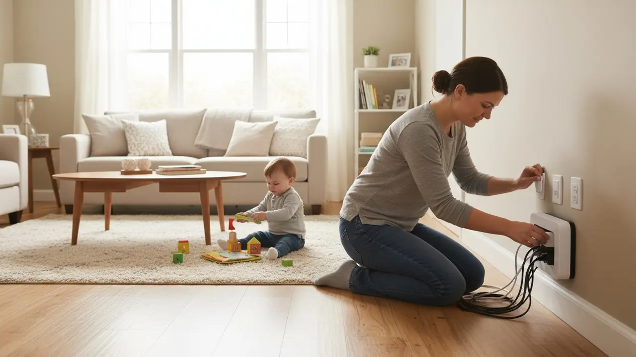 Stue med stikkontaktssikringer og skjulte ledninger, forælder sikrer stikkontakt