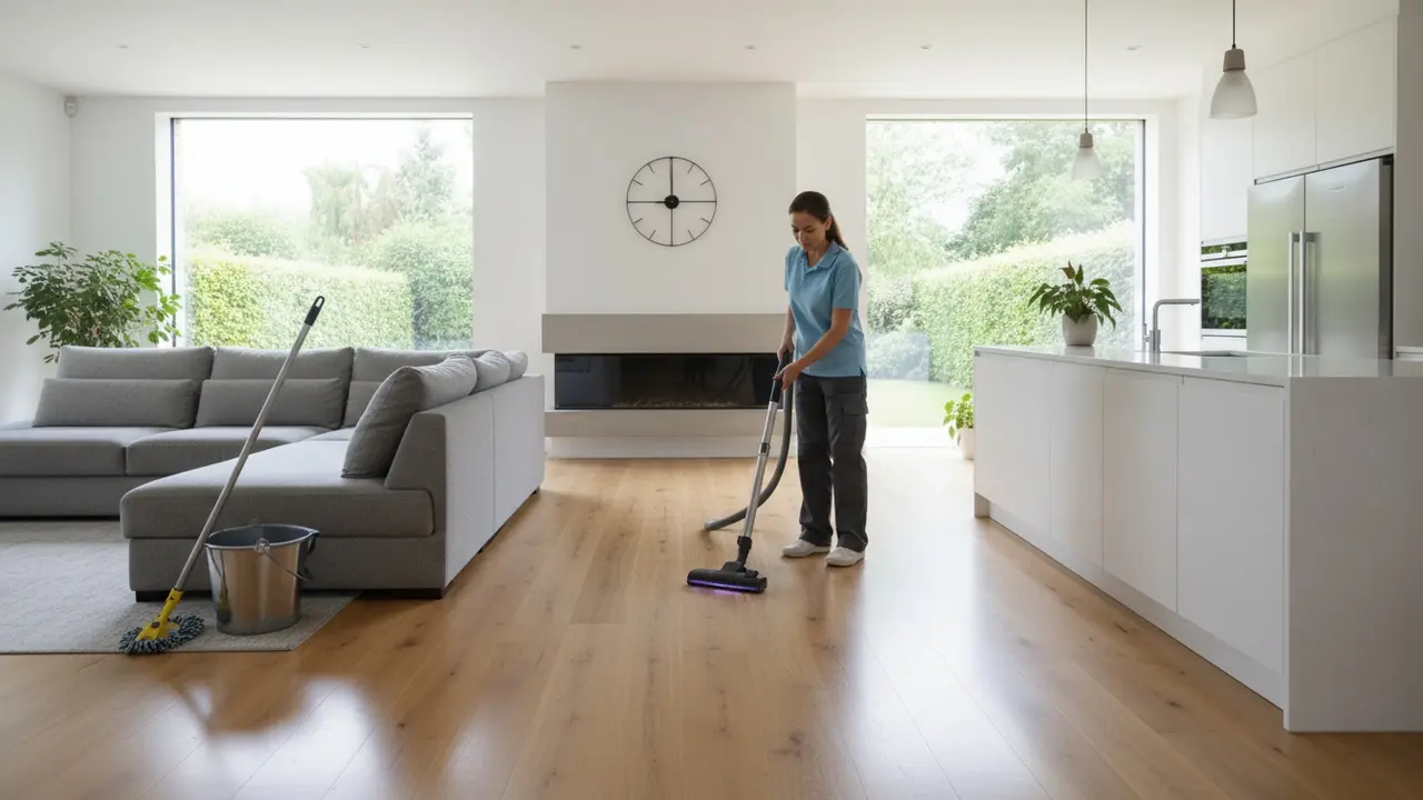 Professionel rengøringsassistent støvsuger i åbent boligrum med synligt ur.