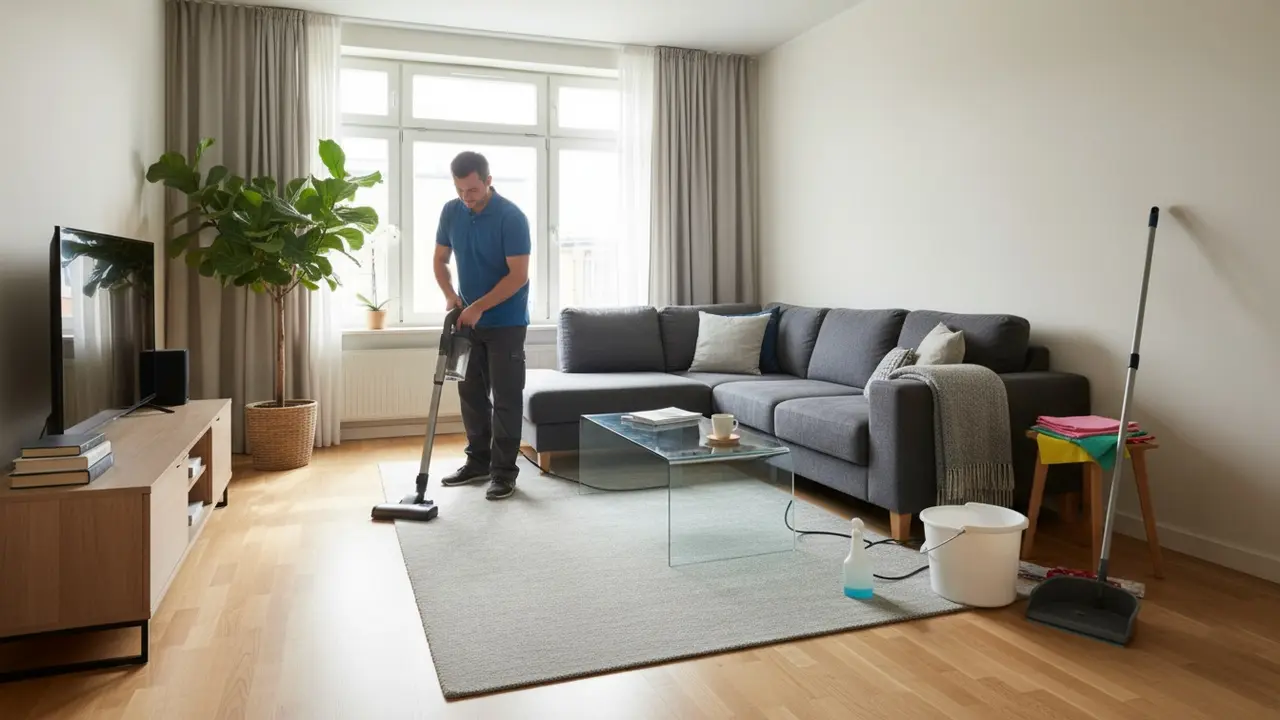 Rengøringsperson støvsuger i en mellemstor lejlighed, morgensol gennem vindue.