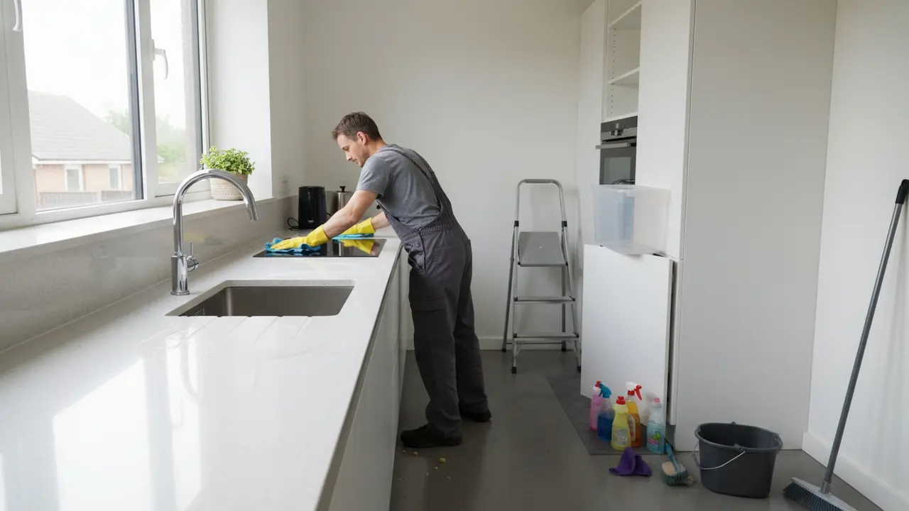 Person aftørrer køkkenbord, vask og komfur er rene, rengøringsmidler synlige.