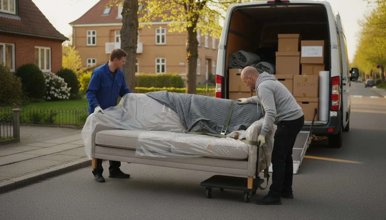 Sofa pakkes ind og løftes ind i en flyttevogn i gyldent aftenlys på en træbevokset bygade.