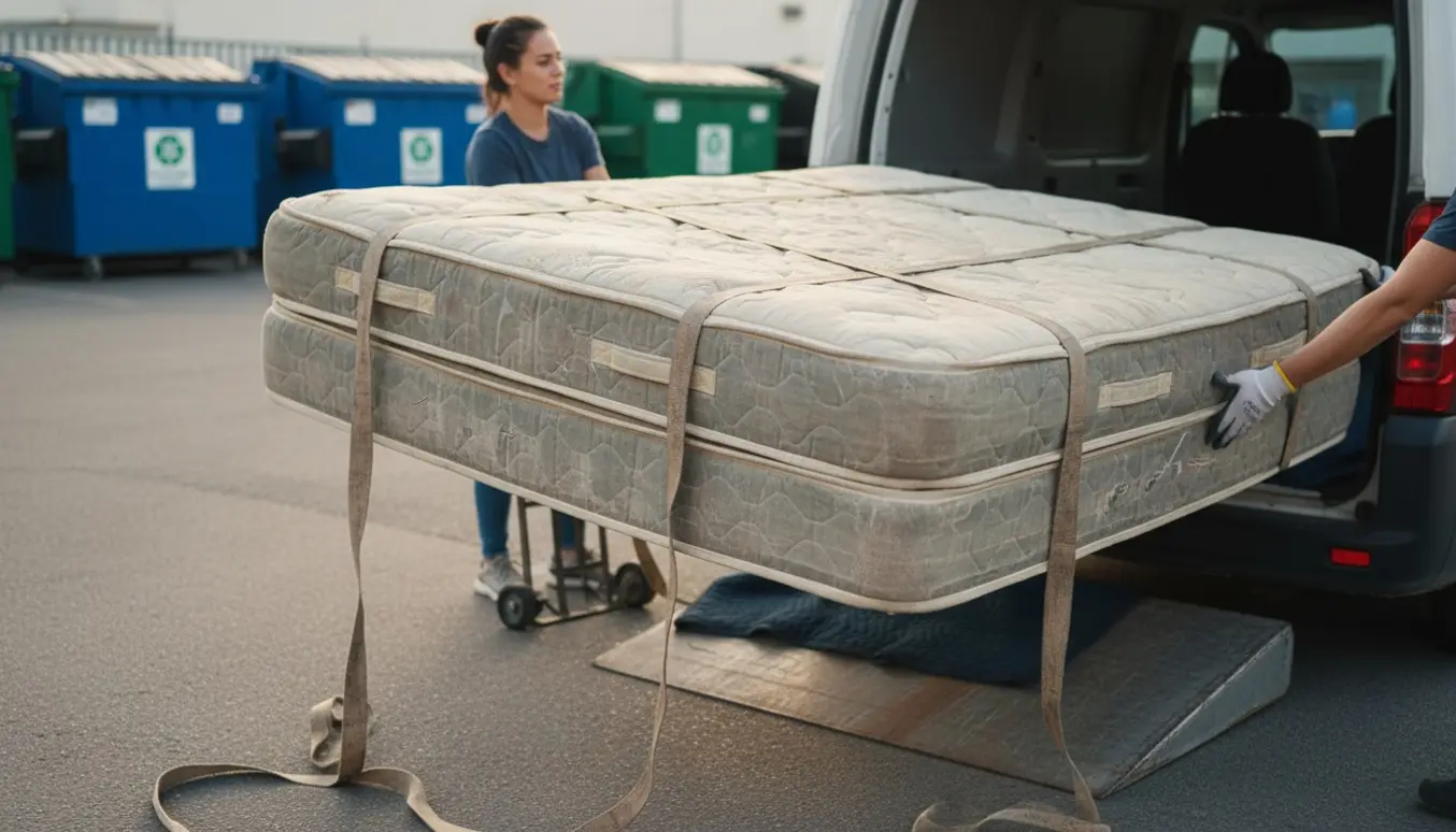 En kvinde uden synligt ansigt hjælper med at læsse en gammel boksmadras ind i en varebil ved genbrugspladsens adgang uden trapper.