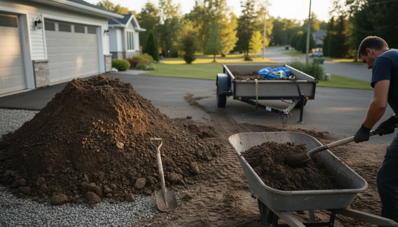 Bunke med ler- og muldjord ved en indkørsel, trillebør og skovl i færd med at blive læsset på trailer.