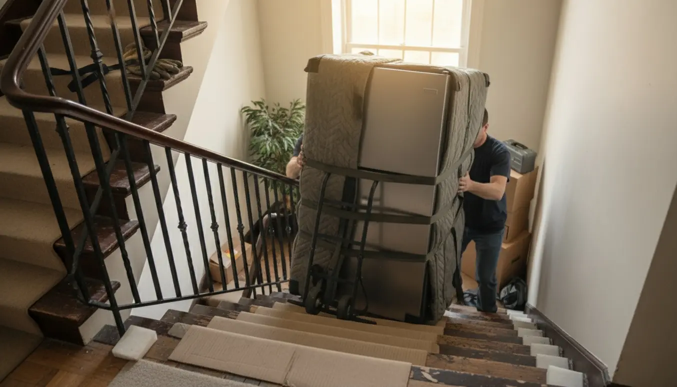 Flyttefolk bærer et køleskab ned ad en lejlighedstrappe med sækkevogn og beskyttelsesudstyr.
