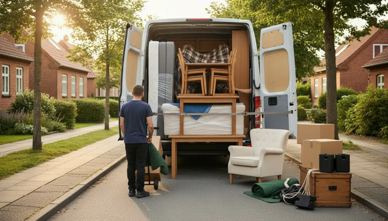 Flyttevogn foran et boligområde med sofa, seng, spisebord, reol og lænestol under indladning, flyttere ses bagfra.