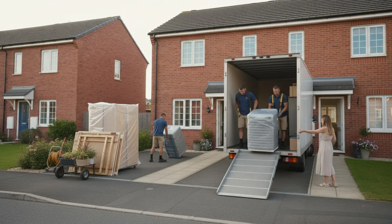 Flyttefolk bærer møbler og hvidevarer mellem to rækkehuse mens en kvinde vejleder set bagfra.