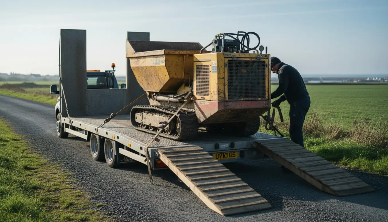 Motorbør på bælter læsses og sikres på en maskintrailer på en grusvej.